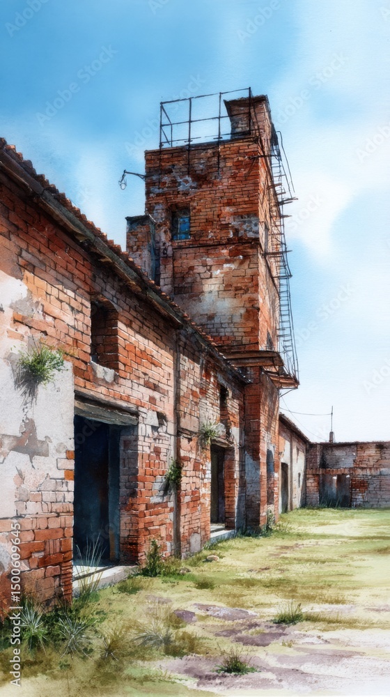 Fototapeta premium Red Brick Ruins of an Old Industrial Building Under an Overcast Sky