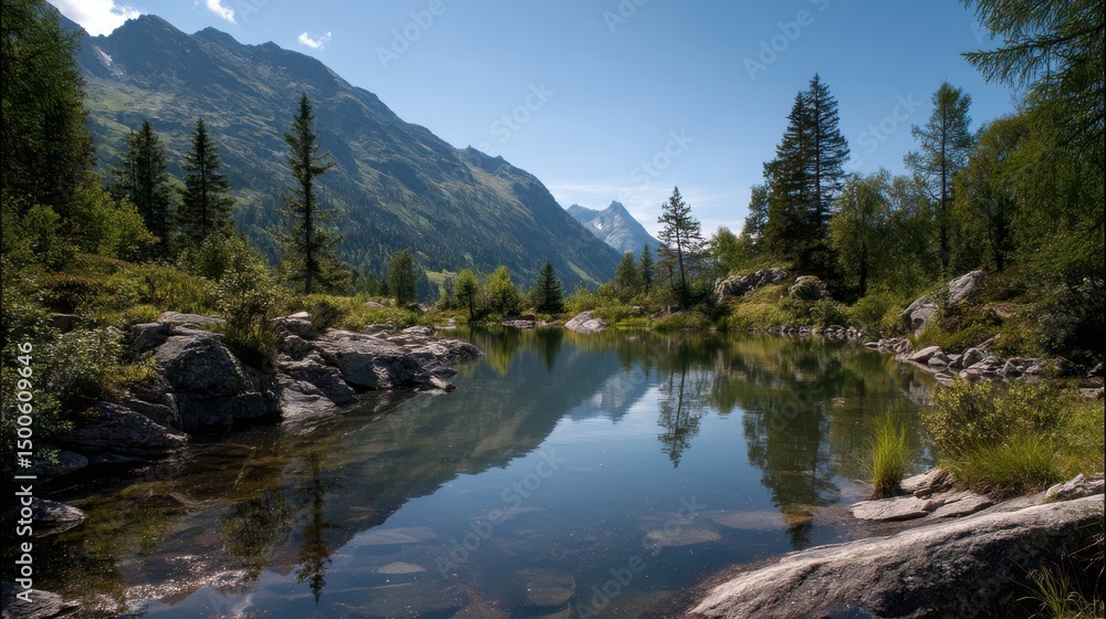 Serene Mountain Landscape with Clear Reflection in Tranquil Lake Surrounded by Lush Green Forest and Majestic Peaks under Bright Blue Sky Serene Mountain Landscape with Clear Reflection in Tranquil Lake Surrounded by Lush Green Forest and Majestic Peaks under Bright Blue Sky