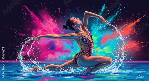 Pixelated Rhythmic Gymnastics Performance with Color Splash and Water Splashes