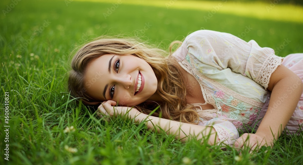 Woman Lying on Grass Smiling in Sunlight Outdoor Portrait Woman Lying on Grass Smiling in Sunlight Outdoor Portrait