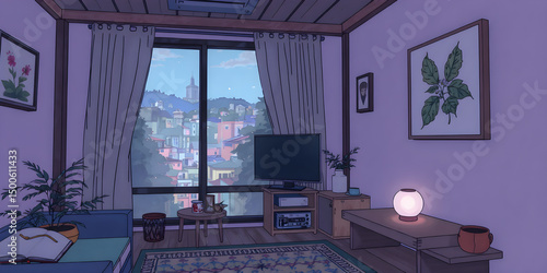 cozy lo-fi living room Japanese town view. vtuber asset twitch zoom OBS, anime chill hip hop. Cyan purple colours manga style