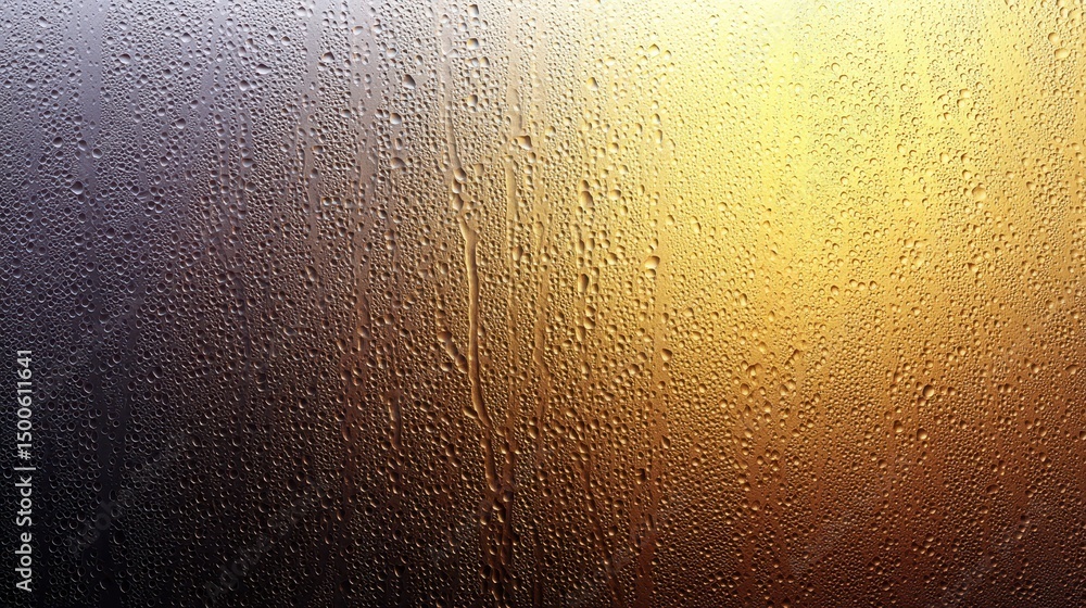 Water droplets and condensation on a glass surface with a warm yellow light shining through. Water droplets and condensation on a glass surface with a warm yellow light shining through.