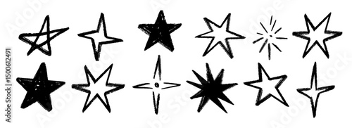 Black crayon hand drawn stars set. Childish doodled sparkles and sparks collection. Grunge rough brush stroke shine element pack for collage, poster, sticker. Kid sketched wax pencil symbols. Vector