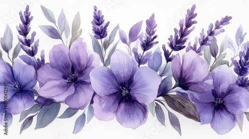 Floral arrangement with purple flowers and lavender on white