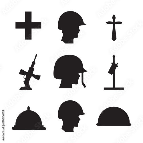 Set of memorial day icon likes military hat,shield,star,cross, rifle, flag vector illustration on white background.