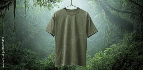 Plain t-shirt in muted khaki, hanging in a lush jungle setting