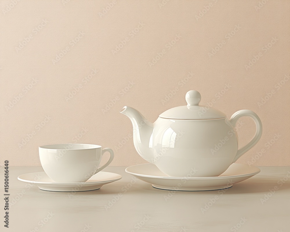 Elegant white teapot and cup set on a soft background, perfect for tea time Elegant white teapot and cup set on a soft background, perfect for tea time