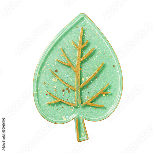 Sparkling green leaf with golden veins on transparent background