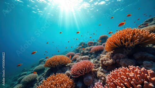 Wallpaper Mural Underwater Coral Reef: A vibrant underwater scene with a colorful coral reef teeming with life, where the sun's rays penetrate the water's surface. Torontodigital.ca