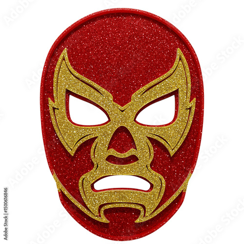 Red and gold lucha libre mask sparkling on transparent background