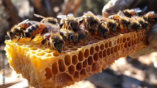 Bees atop a honeycomb, a gloved hand holds it up for inspection in natural light