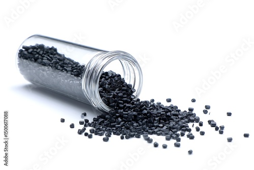 plastic pellets on a white background. There are black pellets in the glass.