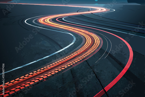 Create a vector graphic depicting abstract, dynamic drift trail lines resembling tire marks, emphasizing speed and motion.  Include contrasting colors and varying line weights.