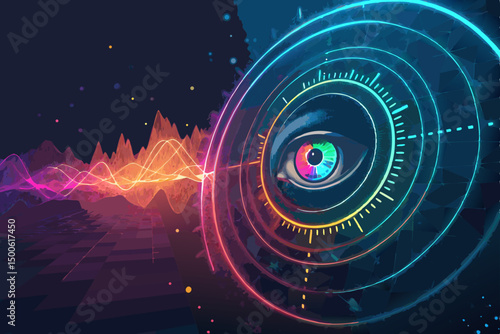 Abstract tech background featuring a vibrant radar scan with concentric rings, depicting data analysis and digital security.