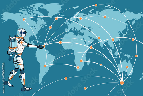 Abstract vector illustration of a robot's digital tendrils expanding across a world map, symbolizing global technological reach.
