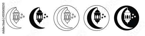 Ramadan eid mubarak islamic crescent moon with hanging lantern icon silhouette simple design. celebrating ramadan or eid al-fitr.  