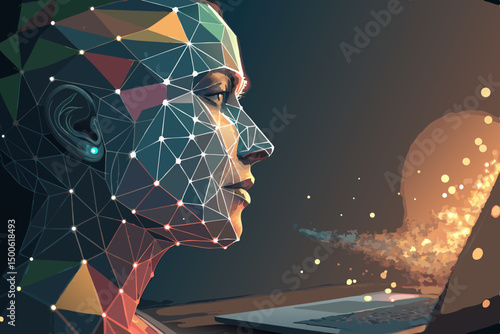 Generate an image of an AI face composed of interconnected glowing triangles and shimmering particles, conveying a sense of futuristic digital intelligence.