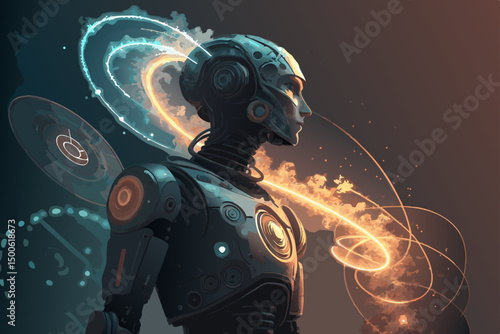 A futuristic robot, AI-generated, with glowing, abstract generative shapes emanating from its core.  High detail, vibrant colors.