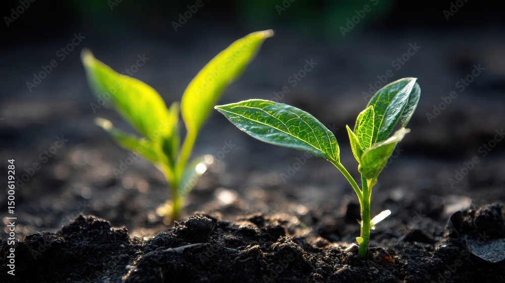 Fresh Green Seedlings Growing in Rich Dark Soil Under Sunlight in a Beautiful Garden Setting with Vibrant Nature Background Fresh Green Seedlings Growing in Rich Dark Soil Under Sunlight in a Beautiful Garden Setting with Vibrant Nature Background
