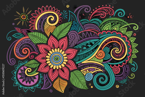 Create a vibrant, chaotic doodle design with bold, multicolored lines and shapes, exhibiting a playful and energetic aesthetic.  Focus on intricate detail and unexpected forms.
