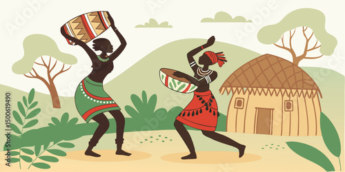 African Women in Traditional Attire Dancing and Playing Drums near a Hut, AI Generated