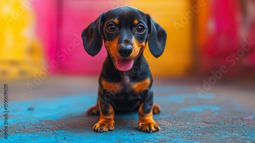 A happy pup sits against colorful backdrop, tongue out, awaiting love and affection