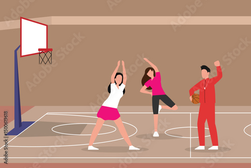 Basketball Coach and Athletes on the Court