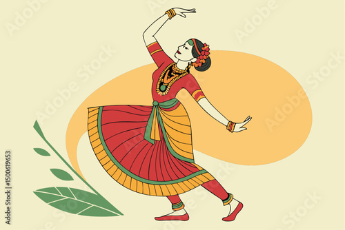 Elegant Indian Classical Dancer in Traditional Red and Gold Attire Performing a Graceful Pose, AI Generated