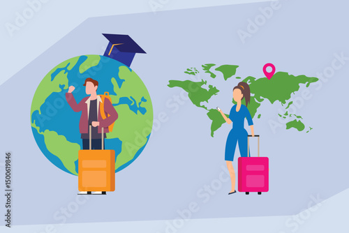 male student standing on a globe wearing a graduation cap, representing international education or an exchange program, while a female traveler stands next to a world map vector illustration
