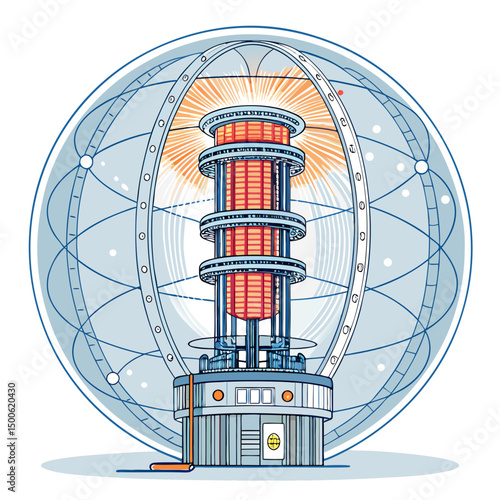 Design a bold, vector illustration of a fusion reactor, emphasizing its powerful energy flow with glowing plasma and strong lines.  Include technical details.