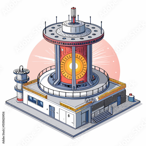 Design a bold, vector illustration of a futuristic fusion reactor, emphasizing plasma containment with strong, thick lines and vibrant color gradients.