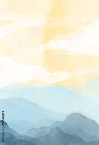 Hazy mountain range at sunset. Abstract background for header poster banner backdrop design
