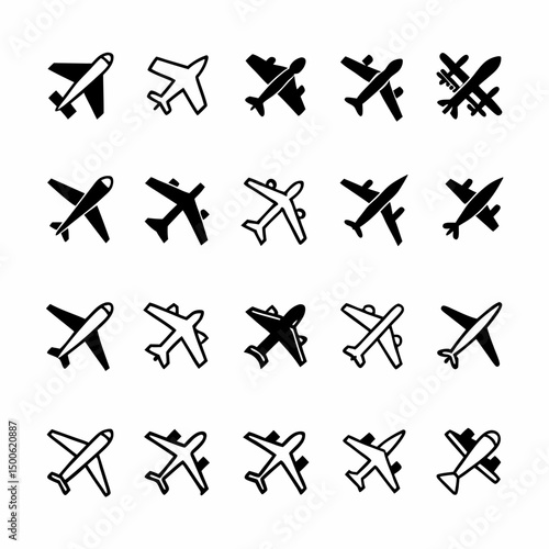 Design a vector icon pack featuring bold-stroke airplanes; various styles (passenger, fighter, propeller);  ensure clean lines & high resolution.
