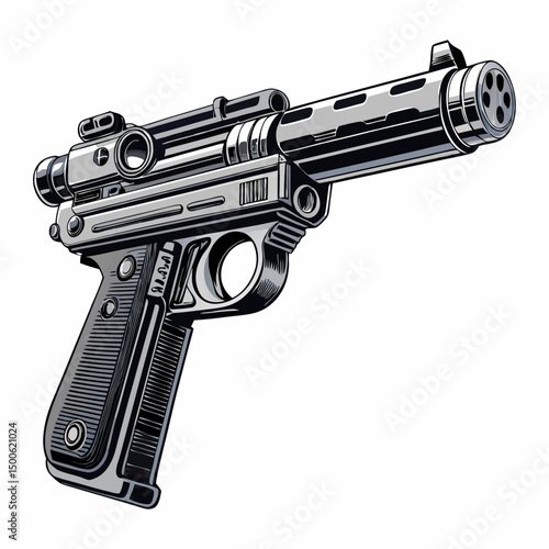 Create a bold, vector illustration of a futuristic blaster pistol with thick, defined strokes.  Emphasize sharp angles and metallic texture.