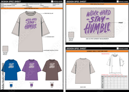 STAY HUMBLE PRINT ON STYLISH SOLID LARGE OVERSIZE FIT TEE EDITABLE EMPTY TECHPACK MEASUREMENT TEMPLATE
