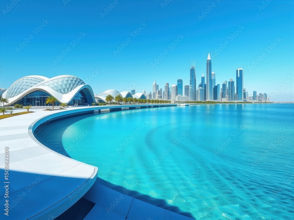Naklejka premium Modern Cityscape with Futuristic Architecture and Reflective Water Po