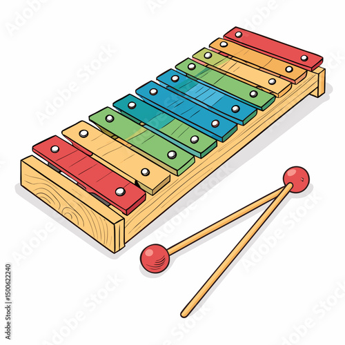 Create a bold, vector illustration of a colorful toy xylophone with thick black outlines.  Include vibrant, playful colors.