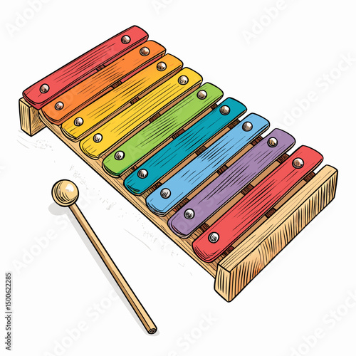 Create a vibrant, bold-stroke vector illustration of a colorful toy xylophone, showcasing its keys and mallets.  Ensure clean lines and a playful style.