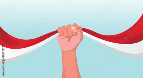 Background design of hands holding red and white flag, Freedom day poster