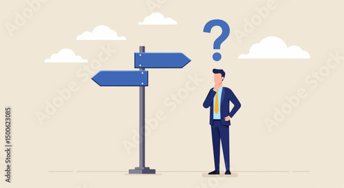 Illustration of a businessman contemplating decisions at a road junction, symbolizing choices and uncertainties in life or career paths. Depicts concepts of decision-making, direction, and self-reflec