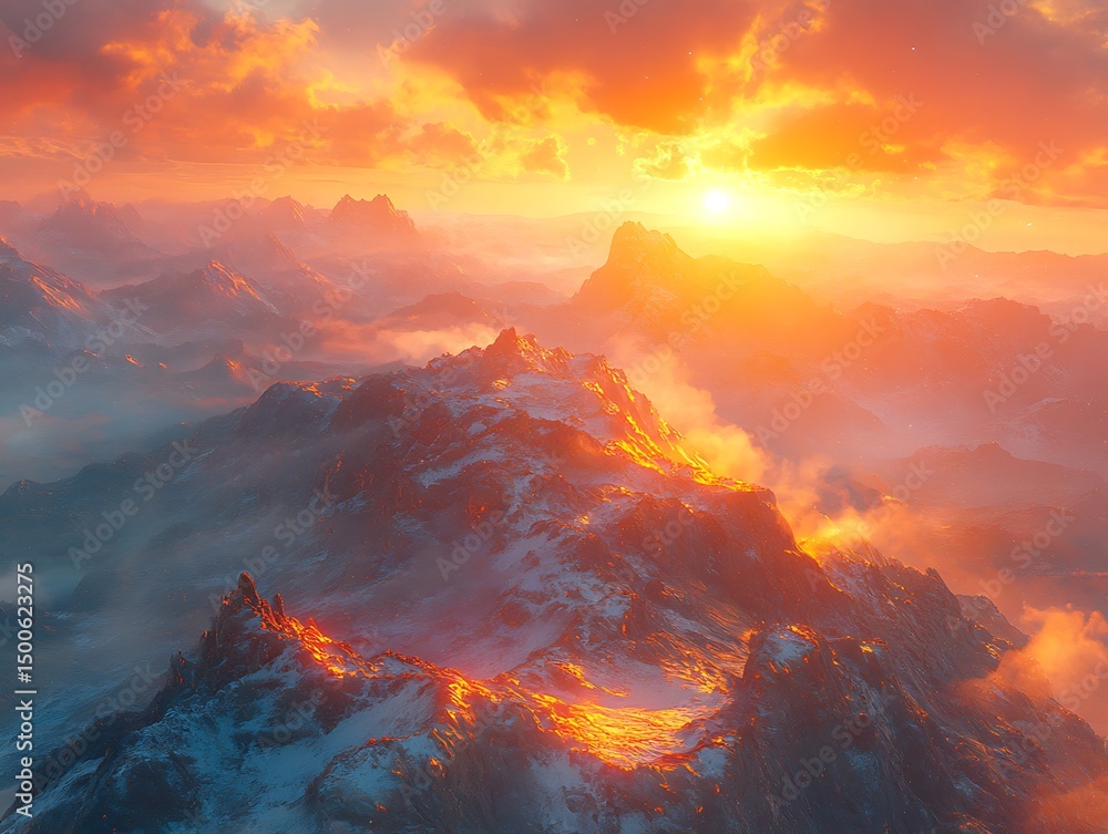 Fototapeta premium Majestic mountain range at fiery sunset