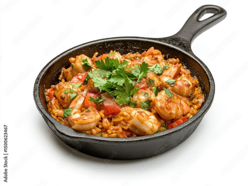 Seafood paella in cast iron pan with parsley garnish on white background, ideal for culinary visuals, restaurant menus, or Mediterranean-themed designs Seafood paella in cast iron pan with parsley garnish on white background, ideal for culinary visuals, restaurant menus, or Mediterranean-themed designs