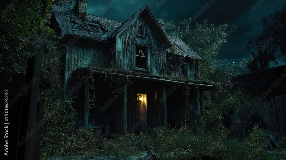 Obraz premium Mysterious wooden house at night surrounded by dense vegetation and gloomy skies