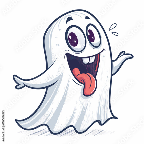 Create a vector illustration of a bold, cartoonish ghost with a mischievous expression, featuring thick, black outlines.  The ghost should have stick-like limbs.
