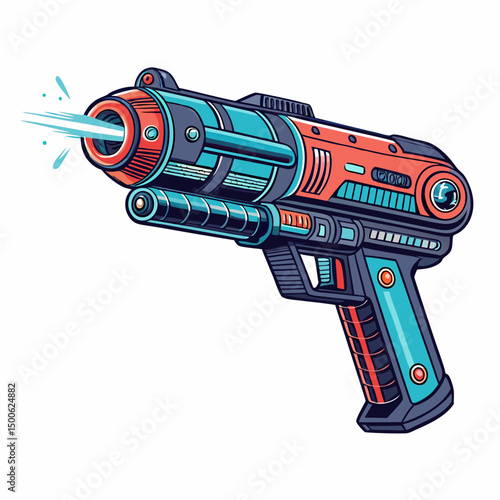 Design a bold, vector illustration of a futuristic freeze ray weapon with thick, impactful strokes.  Include intricate details.