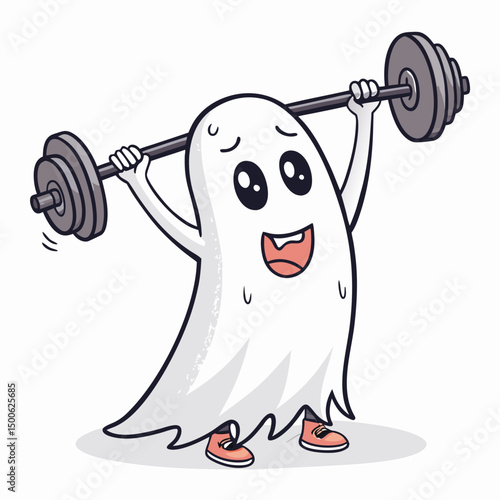 Create a vector illustration of a bold, cartoon ghost lifting weights, showcasing strong lines and a playful style.