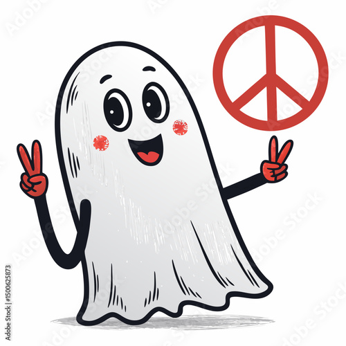 Create a vector illustration of a bold-outlined ghost playfully photobombing a cheerful family photo.  Maintain a clean, modern style.