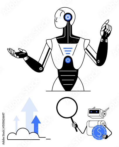 AI humanoid robot analyzing data, growth chart with arrows rising, magnifying glass, and finance bot with coin. Ideal for technology, innovation, data analysis, business growth, fintech AI