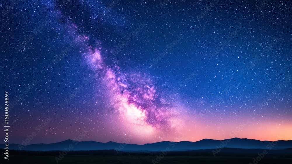 Naklejka premium Vibrant milky way arching across a deep blue night sky over a tranquil landscape, creating a breathtaking celestial view