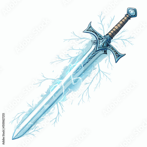Create a vector illustration of a bold, enchanted ice sword with a thick, striking stroke.  The design should evoke magic and frost.